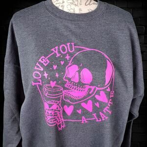 Skull Skeleton Coffee Love You a Latte Sweatshirt, Pink and Gray, XL